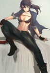  1girl abs absurdres black_hair blue_eyes boots bra breasts brown_footwear denim fingerless_gloves gloves highres jacket jeans madoro_q midriff muscular muscular_female navel open_clothes open_fly open_jacket original pants ponytail sitting stomach toned underwear 