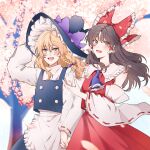  2girls :d ascot bangs black_hair black_headwear blonde_hair blue_ascot bow braid brown_eyes cherry_blossoms detached_sleeves hair_bow hair_tubes hakurei_reimu hand_on_headwear hat hat_bow hitte5416 holding_hands kirisame_marisa long_hair long_sleeves looking_at_viewer multiple_girls open_mouth outdoors purple_bow red_bow red_vest ribbon-trimmed_sleeves ribbon_trim side_braid smile standing touhoou vest wide_sleeves witch_hat yellow_eyes 