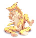  anthro anus areola blush breasts felid female fur genitals green_eyes hair hi_res lalamedli looking_at_viewer mammal mia_(world_flipper) nipples nude pantherine pussy smile solo stripes tiger world_flipper yellow_body yellow_fur 