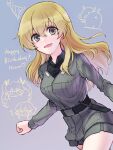  +++ 100zi 1girl anchovy_(girls_und_panzer) anzio_military_uniform bangs belt black_belt black_shirt blonde_hair carpaccio_(girls_und_panzer) character_name commentary drawing dress_shirt dutch_angle emblem english_text girls_und_panzer green_eyes grey_jacket grey_skirt happy_birthday hat highres hippopotamus jacket knife long_hair long_sleeves looking_at_viewer military military_uniform miniskirt open_mouth party_hat pepperoni_(girls_und_panzer) shirt skirt smile solo standing uniform wing_collar 