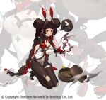  1girl animal animal_ears bamboo_steamer black_footwear blush breasts brown_hair brown_pantyhose bullet character_request cleavage company_name copyright_name cropped_jacket detached_collar detached_sleeves dotted_line double_bun dress fake_animal_ears full_body girls&#039;_frontline gloves hair_bun high_heels highres holding holding_animal kneeling large_breasts long_hair low_twintails notice_lines official_art pantyhose projected_inset rabbit rabbit_ears red_eyes red_gloves rex_zero_1_(girls&#039;_frontline) side_slit smoke solo strapless strapless_dress sweatdrop thigh_strap thought_bubble torn_clothes torn_pantyhose twintails white_dress wulazula 