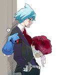  1boy ? bangs beldum belt black_pants blush bouquet closed_mouth collared_shirt commentary flower goro_orb green_eyes green_hair hand_in_pocket highres holding holding_bouquet jacket long_sleeves looking_down male_focus necktie pants pokemon pokemon_(creature) pokemon_(game) pokemon_oras red_flower red_necktie ribbon shirt short_hair spiked_hair spoken_question_mark steven_stone sweat white_shirt 