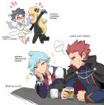  2boys 2girls alcohol bangs bar_(place) black_cape cape character_name chibi clenched_hand closed_mouth collared_shirt commentary cynthia_(pokemon) diantha_(pokemon) drunk english_text goro_orb highres holding jacket jewelry lance_(pokemon) long_sleeves multiple_boys multiple_girls notice_lines off_shoulder pokemon pokemon_(game) pokemon_dppt pokemon_hgss pokemon_oras pokemon_xy purple_vest red_hair ring shirt short_hair smile sparkle spiked_hair steven_stone sweat thought_bubble twitter_username vest watermark whiskey white_background white_shirt yaoi yuri 