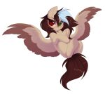  blush brown_body brown_feathers brown_hair brown_tail chest_tuft digital_media_(artwork) equid equine fan_character feathered_wings feathers female feral fur green_eyes hair hasbro hi_res kebchach kebchach_(character) mammal multicolored_hair my_little_pony pegasus red_eyes simple_background smile solo spread_wings tail tan_body tan_feathers tan_fur tuft two_tone_hair white_background wings 