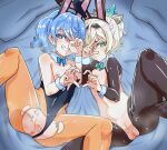  2girls animal_ears anus aqua_bow aqua_bowtie bangs bed_sheet black_leotard black_pantyhose blonde_hair blue_bow blue_bowtie blue_eyes blue_hair bow bowtie breasts clenched_teeth closed_mouth detached_collar fake_animal_ears hair_between_eyes hairband heart heart-shaped_pupils heart_hands heart_hands_duo hololive hoshimachi_suisei kazama_iroha leotard looking_at_viewer lying medium_breasts medium_hair meme_attire moral_cacoethes multiple_girls nipples on_back orange_pantyhose pantyhose pillow playboy_bunny ponytail pussy rabbit_ears reverse_bunnysuit reverse_outfit short_ponytail side_ponytail small_breasts smile spread_legs strapless strapless_leotard symbol-shaped_pupils teeth torn_clothes torn_pantyhose trembling uncensored v virtual_youtuber wrist_cuffs 