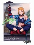  1girl abs blue_jacket cammy_white character_name cloud cloudy_sky crop_top elizabeth_tower graffiti hershuar indian_style jacket looking_at_viewer muscular muscular_female short_hair sitting sky solo street_fighter street_fighter_6 tower umbrella 