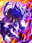  1boy absurdres angry aura baggy_pants biceps black_vest blue_eyes blue_hair bracer charging_forward clenched_hand clenched_teeth commentary_request dragon_ball dragon_ball_super electricity energy gogeta highres incoming_attack looking_at_viewer male_focus metamoran_vest muscular muscular_male open_clothes open_vest pants sekitsuki_hayato solo spiked_hair super_saiyan super_saiyan_blue teeth v-shaped_eyebrows vest white_pants 