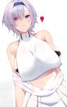  1girl absurdres azur_lane bangs bare_shoulders beltbra black_bra black_hairband bra breasts cheerleader chiru_(218mg) closed_mouth collarbone commentary_request cowboy_shot crop_top crop_top_overhang dutch_angle grey_hair hair_between_eyes hair_intakes hairband heart highres large_breasts looking_at_viewer navel official_alternate_costume pleated_skirt purple_eyes reno_(azur_lane) reno_(biggest_little_cheerleader)_(azur_lane) shirt sideboob sidelocks skirt sleeveless sleeveless_shirt smile solo standing stomach underwear white_background white_shirt white_skirt 