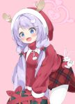  1girl :d absurdres bangs blue_archive blue_eyes blush breasts cropped_legs fake_antlers fang fur-trimmed_headwear fur-trimmed_sleeves fur_trim gift hair_ornament hairclip halo hanae_(blue_archive) hanae_(christmas)_(blue_archive) hat heart heart_hair_ornament highres kero-voxx large_breasts leaning_forward long_hair long_sleeves low_twintails mistletoe_hair_ornament open_mouth pantyhose pink_background plaid plaid_skirt pom_pom_(clothes) purple_hair red_headwear red_mittens red_skirt red_sweater ribbed_sweater sack simple_background skin_fang skirt smile solo stuffed_animal stuffed_toy sweater turtleneck turtleneck_sweater twintails white_pantyhose 