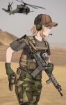  1girl absurdres aircraft aircraft_request ammunition_pouch assault_rifle baseball_cap belt blonde_hair blurry blurry_background brown_headwear camouflage camouflage_pants cargo_pants closed_mouth commentary cowboy_shot day desert english_commentary eyes_visible_through_hair folding_stock from_side gloves green_belt green_gloves green_pants grey_shirt grey_sky gun handgun hat headset helicopter highres hill holding holding_gun holding_weapon holster holstered_weapon keiita looking_ahead magazine_(weapon) microphone military_operator multicolored_pants norwegian_flag optical_sight original outdoors pants patch plate_carrier pouch rifle shirt short_hair short_sleeves sling solo t-shirt thigh_holster utility_belt vehicle_request vertical_foregrip walking weapon weapon_request woodland_camouflage yellow_eyes 