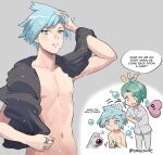  2boys alternate_color arm_up bangs beldum blush bubble collared_shirt commentary foam goro_orb green_hair grey_background highres holding jewelry luvdisc male_focus multiple_boys navel notice_lines nude pants parted_lips pokemon pokemon_(creature) pokemon_(game) pokemon_oras ring shiny_pokemon shirt short_hair speech_bubble steven_stone towel towel_around_neck wallace_(pokemon) washing_another wet wet_hair 