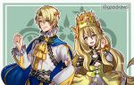  1boy 1girl alfred_(fire_emblem) bangs blonde_hair blue_cape brother_and_sister butterfly_hair_ornament cape celine_(fire_emblem) crown dress fire_emblem fire_emblem_engage flat_chest frilled_sleeves frills green_eyes gzei hair_between_eyes hair_ornament highres holding_another&#039;s_arm long_hair long_sleeves looking_at_viewer open_mouth short_hair siblings twitter_username upper_body very_long_hair 