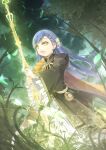  blue_hair braid cape dress flower forest frills glowing hair_flower hair_ornament highres holding holding_staff honzuki_no_gekokujou jewelry lens_flare long_hair long_sleeves maine_(honzuki_no_gekokujou) nature open_mouth outdoors plant ring satomi_(black_scarecrow) staff yellow_cape 