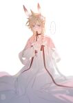  animal_ear_fluff animal_ears blonde_hair blue_eyes blush chinese_clothes cloud_strife collar crossdressing dress fake_animal_ears final_fantasy final_fantasy_vii furrowed_brow highres kneeling light_blush long_dress long_hair long_sleeves messy_hair mouth_hold rabbit_ears red_ribbon ribbon ribbon_in_mouth silver_jewelry spiked_hair sweatdrop white_wrist_cuffs wrist_cuffs xianyu314 