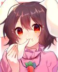  1girl :t absurdres animal_ears bangs black_hair carrot_necklace closed_mouth commentary_request eating floppy_ears food food_on_face heart highres inaba_tewi jewelry looking_at_viewer medium_hair mochi necklace pink_shirt rabbit_ears rabbit_girl red_eyes renka_(sutegoma25) shirt solo touhou upper_body 