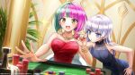  2girls bare_shoulders blue_dress blue_eyes bracelet breasts casino commentary_request dolphin_wave dress green_hair helly_lewis highres jewelry large_breasts long_hair medium_breasts multicolored_hair multiple_girls necklace ootomo_takuji poker_chip purple_hair red_dress red_nails ring roulette_table schnee_weissberg short_hair table two-tone_hair yellow_eyes 