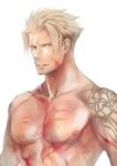  1boy 6_(brm6) abs bangs bara beowulf_(fate) blonde_hair facial_hair fate/grand_order fate_(series) goatee large_pectorals looking_at_viewer male_focus mature_male muscular muscular_male nipples parted_lips pectorals red_eyes scar scar_across_eye scar_on_chest short_hair sideburns solo stomach topless_male upper_body 