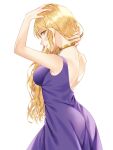  1girl absurdres alternate_costume blonde_hair breasts commission cowboy_shot dress highres kirisita large_breasts long_hair looking_back open_mouth pixiv_commission purple_dress simple_background sleeveless sleeveless_dress smile solo touhou watatsuki_no_toyohime white_background yellow_eyes 