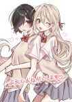  2girls aizawa_honami black_hair blonde_hair blush bow bowtie grey_skirt hair_between_eyes hair_over_one_eye hair_ribbon highres hug hug_from_behind kurotori_michi long_hair looking_at_viewer loveodoro mietemasu_yo!_aizawa-san multiple_girls official_art one_eye_closed open_mouth pleated_skirt red_eyes red_ribbon ribbon school_uniform shirt simple_background skirt smile sweatdrop white_background white_shirt 