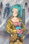  1girl amartbee aqua_eyes aqua_hair breasts bulma bulma_(future) cleavage commentary dirty dirty_face dragon_ball dragon_ball_z ear_piercing earrings english_commentary gloves hair_pulled_back highres jacket jewelry large_breasts piercing ponytail pouch pregnant red_gloves socket_wrench solo sweatdrop trunks_(dragon_ball) trunks_(future)_(dragon_ball) upper_body yellow_jacket 