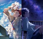  2boys animal_on_head arm_up back-to-back balcony bandana bird bird_on_head blue_shirt blurry boku_no_hero_academia bright_pupils brown_hair chromatic_aberration closed_mouth cloud cloudy_sky collared_shirt commentary_request contrast copyright_name cumulonimbus_cloud dark day depth_of_field dress_shirt feet_out_of_frame floating_hair floating_necktie flower freckles from_side gloves green_eyes green_pants grey_eyes grey_gloves happy high_ponytail highres jacket knee_up light_particles looking_afar looking_to_the_side looking_up male_focus mebaru midoriya_izuku multiple_boys nebula necktie night on_head open_clothes open_jacket orange_flower outstretched_arm pants parted_lips partial_commentary patch pino_(boku_no_hero_academia) profile railing red_bandana rody_soul shirt short_sleeves shorts sidelighting sideways_mouth single_vertical_stripe sky smile spiked_hair star_(sky) starry_sky striped_necktie sunlight t-shirt two-tone_necktie white_bird white_pupils 