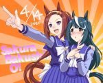 2girls animal_ears bow bowtie brown_hair commentary_request ear_bow english_text flying_sweatdrops gold_hairband hairband highres horse_ears horse_girl horse_tail horseshoe_ornament long_hair long_sleeves multiple_girls pleated_skirt pointing ponytail purple_bow purple_eyes purple_sailor_collar purple_shirt purple_skirt s1e13_umamusume sailor_collar sailor_shirt sakura_bakushin_o_(umamusume) school_uniform shirt skirt sunburst sunburst_background tail tracen_school_uniform umajiri_gyuunyuu umamusume v-shaped_eyebrows very_long_hair white_bow white_bowtie winter_uniform 
