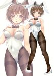  1girl absurdres adapted_costume animal_ears ass_visible_through_thighs blush bow bowtie breasts brown_eyes brown_hair brown_pantyhose covered_navel detached_collar fake_animal_ears full_body gradient_background grey_background high_heels highres kantai_collection leotard looking_at_viewer medium_breasts natori_(kancolle) open_mouth pantyhose playboy_bunny rabbit_ears solo strapless strapless_leotard traditional_bowtie white_footwear white_leotard wrist_cuffs yashin_(yasinz) zoom_layer 