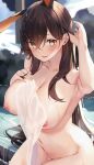  1girl absurdres animal_ears arm_up armpits azur_lane bangs blush braid breasts brown_hair chikuma_(azur_lane) collarbone commentary_request completely_nude day dripping extra_ears hair_between_eyes hand_in_own_hair hand_on_own_chest highres holding holding_towel large_breasts legs_together long_hair looking_at_viewer mole mole_under_mouth navel nipples nude onsen open_mouth outdoors rabbit_ears signature sitting solo towel u_ronnta very_long_hair water wet wet_hair yellow_eyes 
