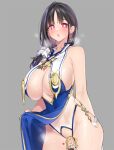  1girl azur_lane bangs bare_shoulders black_hair blue_dress blush breasts censored cleavage cleavage_cutout clothes_lift clothing_cutout detached_sleeves dress dress_lift earrings fur_trim hair_over_shoulder heart heart-shaped_pupils jewelry large_breasts long_hair looking_at_viewer mole mole_on_crotch mole_under_eye novelty_censor open_mouth pink_eyes popqn see-through side_slit sideboob solo sweatdrop symbol-shaped_pupils thighs ting_an_(azur_lane) white_background wide_sleeves 