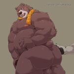  2023 absurd_res anthro backsack balls bear belly big_belly blush butt genitals hi_res humanoid_hands jumperbear kemono male mammal moobs musclegut nipples overweight overweight_male papa_bear puss_in_boots_(film) puss_in_boots_the_last_wish scar scarf simple_background solo_focus 