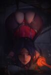  1boy 1girl all_fours armor ass ass_focus bent_over blue_eyes bodysuit branding_iron embers from_above highres irelia league_of_legends lips long_hair looking_at_viewer looking_up purple_hair tile_floor tiles yingprostitute 