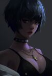  1girl absurdres bare_shoulders black_eyeliner blue_hair breasts choker eyeliner grey_background highres hyokatta jewelry labcoat looking_to_the_side makeup necklace no_bra persona persona_5 red_eyes red_lips simple_background takemi_tae undressing 