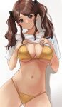  1girl amagami ass_visible_through_thighs bikini bikini_under_clothes black_bow blush bow breasts brown_eyes brown_hair cleavage clothes_lift commentary gold_bikini hair_bow head_tilt highres large_breasts lifted_by_self long_hair looking_at_viewer nakata_sae navel no_pants revision shirt shirt_lift short_sleeves simple_background smile solo standing stomach swimsuit t-shirt twintails white_background white_shirt yellow_bikini yoo_tenchi 