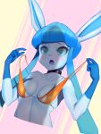  1girl @_@ animal_ears animal_nose aqua_eyes bare_shoulders bikini black_choker blue_fur blue_hair blue_sclera blush body_fur breasts choker collarbone colored_sclera commentary cropped_torso drooling english_commentary fangs furry furry_female glaceon hands_up highres hitmanatee lifted_by_self long_hair looking_up mouth_drool nose_blush open_mouth orange_bikini penis_awe penis_shadow personification pink_background pokemon pokemon_(creature) raised_eyebrows sidelocks simple_background skindentation small_breasts solo strap_lift swimsuit tongue twintails two-tone_background two-tone_fur upper_body 