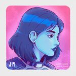  1girl blue_eyes blue_hair blue_lips blue_skin border colored_skin commentary english_commentary grey_border hair_behind_ear halo_(series) halo_infinite instagram_username jafet_meza medium_hair pink_background portrait profile solo the_weapon_(halo_infinite) twitter_username watermark 