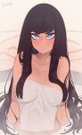  1girl bangs black_hair blue_eyes blunt_bangs blush breasts closed_mouth collarbone commentary covering darahan english_commentary frown kill_la_kill kiryuuin_satsuki large_breasts long_hair looking_at_viewer nude_cover partially_submerged signature solo steam thick_eyebrows towel upper_body v-shaped_eyebrows very_long_hair water 