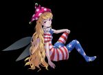  1girl american_flag_dress american_flag_pants arm_up bangs black_background blonde_hair blush closed_mouth clownpiece dress fairy_wings from_side hair_between_eyes hand_on_own_knee hand_up hat himuhino jester_cap long_hair looking_at_viewer neck_ruff no_shoes pants pink_headwear polka_dot purple_eyes short_sleeves simple_background sitting smile solo star_(symbol) star_print striped striped_dress striped_pants touhou transparent_wings wings 