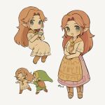  ayu_(mog) blonde_hair blue_eyes blush blush_stickers brown_footwear brown_hair closed_eyes dress green_headwear holding_hands link long_hair malon milk open_mouth pointy_ears shield sword sword_on_back the_legend_of_zelda the_legend_of_zelda:_ocarina_of_time weapon weapon_on_back wooden_shield young_link 