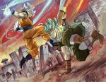  3boys amartbee boots brown_footwear building commentary dougi dragon_ball dragon_ball_super duel dutch_angle expressionless fingerless_gloves gloves granolah_(dragon_ball) green_eyes green_hair grey_eyes grey_hair male_focus multiple_boys red_sky ruins serious sky son_goku twitter_username ultra_instinct vegeta wristband 