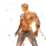  1boy 6_(brm6) abs arm_tattoo bangs beowulf_(fate) blonde_hair denim facial_hair fate/grand_order fate_(series) feet_out_of_frame goatee highres jeans large_pectorals looking_at_viewer male_focus mature_male muscular muscular_male nipples pants pectorals red_eyes scar scar_across_eye scar_on_chest short_hair sideburns smirk solo standing stomach tattoo topless_male 