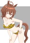  1girl agnes_tachyon_(umamusume) ahoge animal_ears animal_print artist_name bangs bare_shoulders breasts brown_eyes brown_hair cleavage collarbone commentary_request cosplay cowboy_shot earrings fur_bikini grey_background hair_between_eyes hand_on_hip hand_on_own_thigh highres horse_ears horse_girl horse_tail jewelry long_hair looking_at_viewer lum lum_(cosplay) medium_hair navel one_eye_closed outside_border single_earring solo tail tamagoya tiger_print uesaka_sumire umamusume voice_actor_connection 