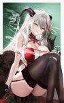  1girl aegir_(azur_lane) aegir_(golden_dragon_among_auspicious_clouds)_(azur_lane) armlet azur_lane bare_arms bare_shoulders black_garter_straps black_gloves black_thighhighs border breasts china_dress chinese_clothes cleavage crossed_legs dragon_girl dragon_horns dress feet_out_of_frame garter_straps gloves highres holding holding_brush holding_paintbrush horns kaji_zarame large_breasts looking_at_viewer official_alternate_costume open_mouth paintbrush red_dress signature sitting smile solo thighhighs thighs white_border white_hair yellow_eyes 