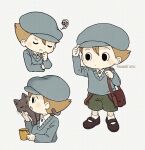  animal_on_shoulder ayu_(mog) bag black_eyes black_footwear blush brown_hair cat cat_on_shoulder child closed_eyes coffee_mug cup frown green_shorts long_sleeves luke_triton male_child mug open_mouth professor_layton short_hair shorts sweater white_background 