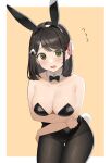  1girl animal_ears bangs bare_arms bare_shoulders black_hair black_leotard blush bow bowtie breasts cleavage collarbone commission cowboy_shot crossed_arms detached_collar eyebrows_hidden_by_hair fishnet_pantyhose fishnets flying_sweatdrops food green_eyes hair_behind_ear hair_ornament hair_ribbon highleg highleg_leotard highres large_breasts leotard looking_at_viewer ol_mahonanoka onigiri open_mouth original pantyhose playboy_bunny rabbit_ears rabbit_tail ribbon simple_background skeb_commission solo tail 