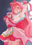  1girl absurdres armpits blush bow breasts cure_precious delicious_party_precure dress frilled_hairband frills from_below hair_bow hair_ribbon hairband highres labotamochi large_breasts long_hair looking_at_viewer nagomi_yui pink_dress pink_hair pink_theme precure ribbon sideboob sketch skirt steaming_body 