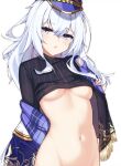  1girl black_shirt blue_eyes blue_headwear breasts clothes_lift girls&#039;_frontline girls&#039;_frontline_neural_cloud grey_hair highres lancer_(worudrleh1) long_hair looking_at_viewer medium_breasts navel no_bra open_clothes open_mouth out-of-frame_censoring revision shirt shirt_lift solo stomach striped striped_shirt triangle_mouth underboob undine_(girls&#039;_frontline_nc) upper_body vertical-striped_shirt vertical_stripes 