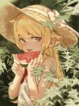  1girl absurdres bangs blonde_hair blurry blurry_foreground dress food fruit hair_between_eyes hat highres holding holding_food holding_fruit long_hair looking_at_viewer monogatari_(series) off_shoulder orange_eyes oshino_shinobu parted_lips plant solipsist solo sun_hat teeth upper_body upper_teeth_only watermelon white_dress 