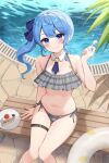  1girl absurdres ascot bench bikini blue_ascot blue_eyes blue_hair blush breasts brooch cake cake_slice closed_mouth detached_collar food frills grey_bikini hand_up highres holding holding_spoon hololive hoshimachi_suisei innertube jewelry looking_at_viewer navel plaid plaid_bikini plate pool poolside side-tie_bikini_bottom side_ponytail sitting smile solo spoon star_(symbol) star_in_eye stomach swimsuit symbol_in_eye thigh_strap thighs virtual_youtuber wing_collar yukiunag1 