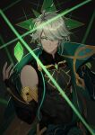  1boy alhaitham_(genshin_impact) blue_eyes closed_mouth crystal detached_sleeves floating genshin_impact glowing glowing_eyes grey_hair hair_between_eyes hair_ornament hair_over_one_eye highres looking_at_viewer short_hair single_bare_shoulder skin_tight yktori 