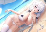  1girl :d absurdres areola_slip azur_lane bangs bare_arms bare_shoulders beach beach_umbrella bikini blue_eyes blue_sky blush breasts chinese_commentary cleavage collarbone day dutch_angle hand_on_own_chest highres huge_breasts illustrious_(azur_lane) long_hair looking_at_viewer lying multi-strapped_bikini navel ocean on_ground on_side outdoors parted_lips revision ribbon see-through shenqi_(toid310) side-tie_bikini_bottom sidelocks sky smile solo stomach swimsuit thigh_gap thighhighs umbrella untied untied_bikini very_long_hair water white_bikini white_hair white_ribbon white_thighhighs 